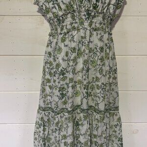 Max Studio Women’s Medium 100% Cotton Floral Maxi Dress Green White Boho Tiered